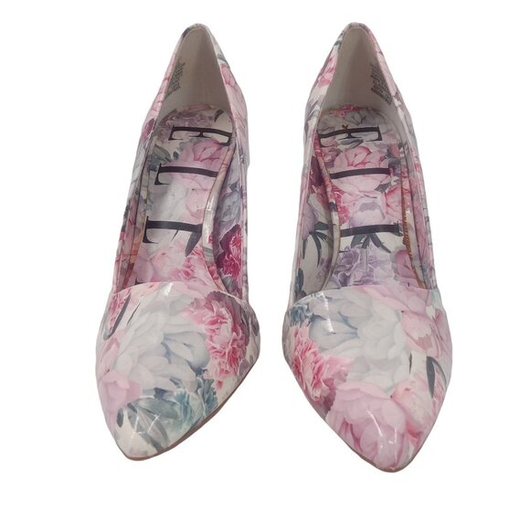 Elle Jonie Patent Floral Print Stiletto Heels 9 Pumps Asymmetrical Vamp Pink - Picture 4 of 10